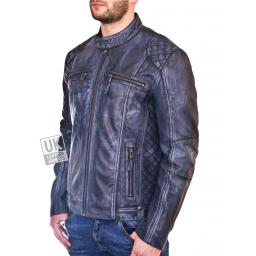 Men's Blue Leather Biker Jacket - Phoenix - Front Zipped