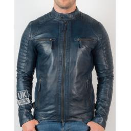 Mens Blue Leather Biker Jacket - Cruz - Front Zipped