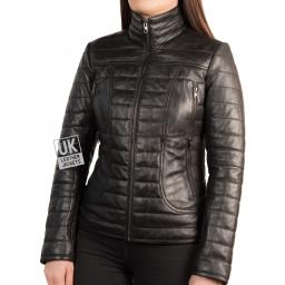 Women's Black Leather Puffa Jacket - Front
