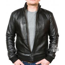 Men's Black Leather Bomber Jacket - Pacific - Main