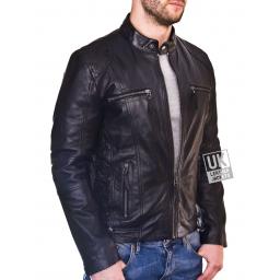 Men's Black Leather Biker Jacket - Phoenix - Side Front