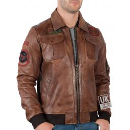 Mens Vintage Tan Leather Bomber Jacket - Top Gun - Fold Down Leather Collar