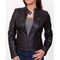 Womens Black Leather Biker Jacket - Jasmine - Front