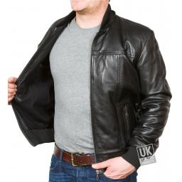 Men's Black Hooded Leather Bomber Jacket - Troy - Lining