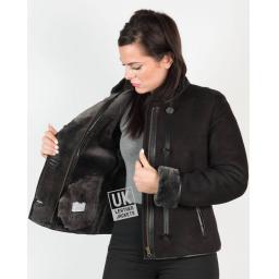 Womens Black Shearling Sheepskin Jacket - Aspen - Wool Interior