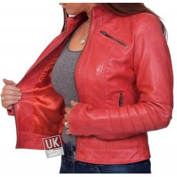 Ladies Red Leather Biker Jacket - Lima - Lining