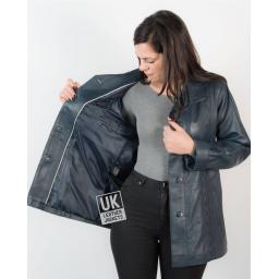 Ladies 3/4 Length Blue Leather Coat Jacket - Faith - Lining