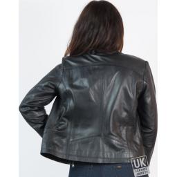 Womens Collarless Black Leather Jacket - Kilder - Back