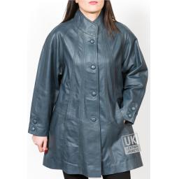 Women's Blue Leather Swing Coat - Plus Size - Delia - Botton Coat