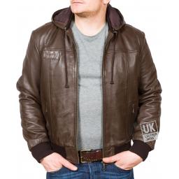 Men's Brown Hooded Leather Bomber Jacket - Troy - Open