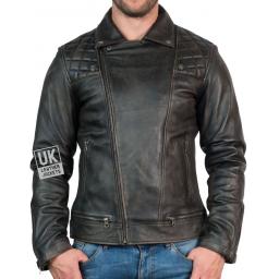 Mens Leather Biker Jacket - Hurricane - Burnished Black - Zipped-up