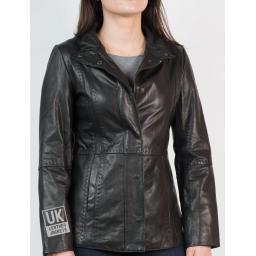 Womens Hip Length Zip Leather Jacket - Black - Front