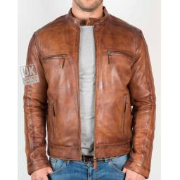 Mens Vintage Tan Leather Jacket - Mustang - Front