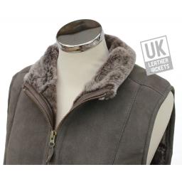 Womens Shearling Sheepskin Zip Gilet - Grey Suede - Fold Down Collar