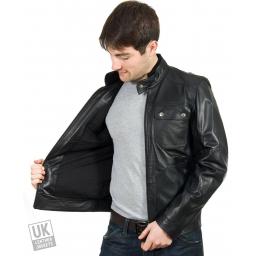 Men's Black Leather Jacket - Cobalt - Lining