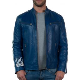 Mens Blue Leather Biker Jacket - Front