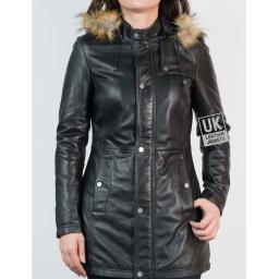 Womens Black Leather Coat - Montana - Detachable Hood - Front