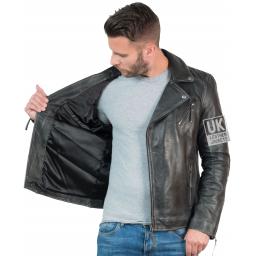 Mens Cross Zip Leather Biker Jacket - Vintage Grey - Lining