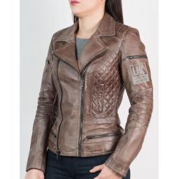 Women's Vintage Brown Leather Biker Jacket - Bonnaire - Front