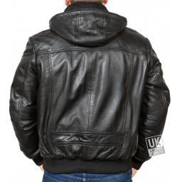Men's Black Hooded Leather Bomber Jacket - Troy - Back