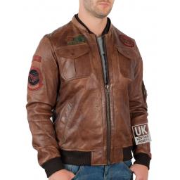 Mens Vintage Tan Leather Bomber Jacket - Top Gun - Short Stub Collar