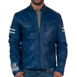 Mens Blue Leather Biker Jacket Octane Blue - Front Zip