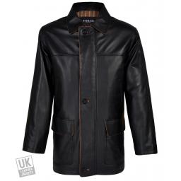 Men's Black Leather Coat Jacket - Hip Length - Hamilton - Front 2