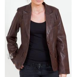Women's 2 Button Brown Leather Blazer - Athena - Main