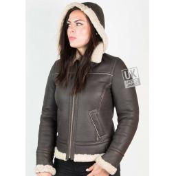 Womens Sheepskin Flying Jacket – Detach Hood – Lana - Matt Brown - Front with Hood