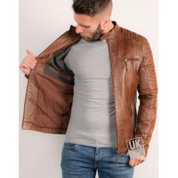Mens Vintage Tan Leather Biker Jacket - Cruz - Lining