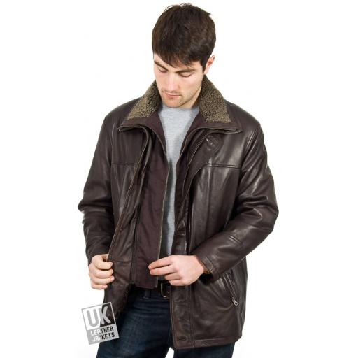 Men's Leather Coat in Brown Cow Hide - Plus Size - Hastings - Fleece Collar Insert