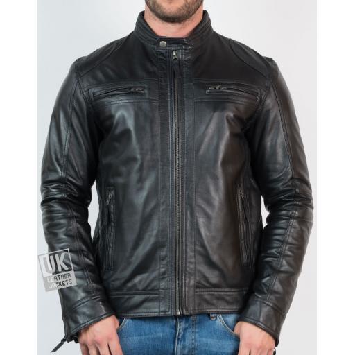 Mens Black Leather Jacket - Ellis - Front Zipped-up