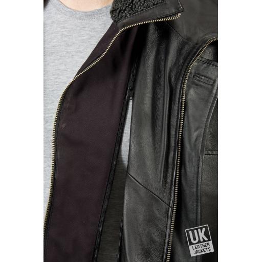 Men's Leather Coat in Black - Elswick - Collar removal