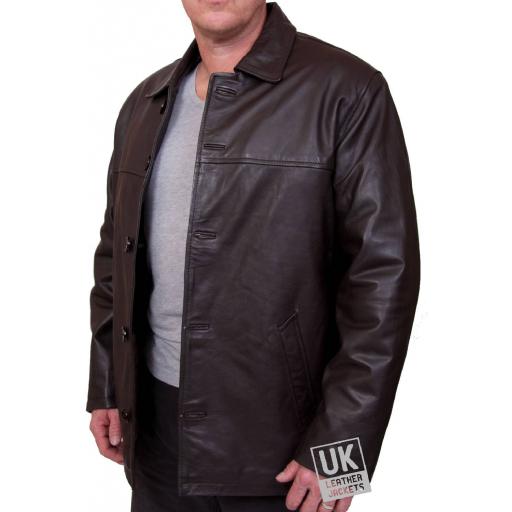 Men's  3/4 Length Brown Hide Leather Jacket - Plus Size - Moore - Open