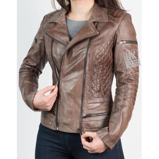 Women's Vintage Brown Leather Biker Jacket - Bonnaire - Right Zip