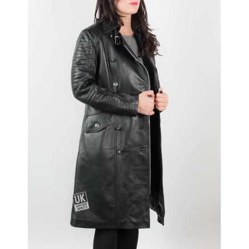 Womens 7/8th Length Double Breasted Black Leather Coat – Maxim - Front Side