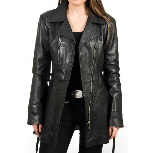 Women's Black Leather Coat - Penny - Front 2