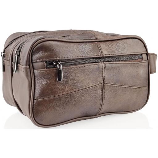 Brown Leather Wash Bag - Yangtze - Back View Side On