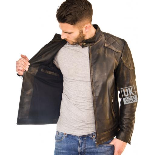 Mens Vintage Black Leather Jacket - Corado - Lining