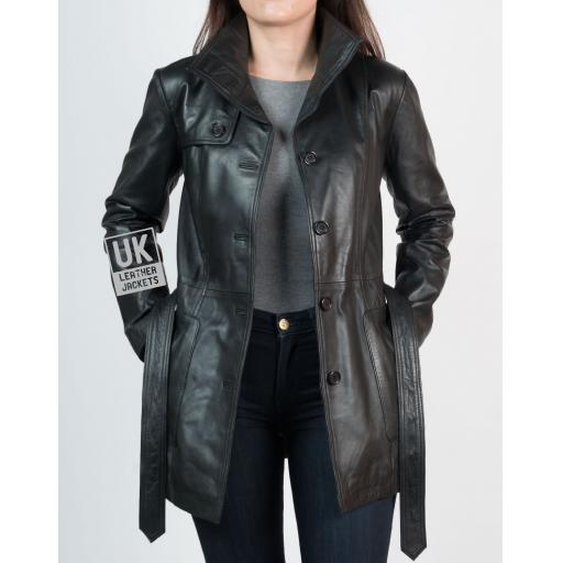 Womens 3/4 Length Black Leather Coat Jacket - Front Collar