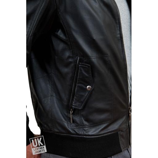 Men's Black Leather Bomber Jacket - Axis - Detail