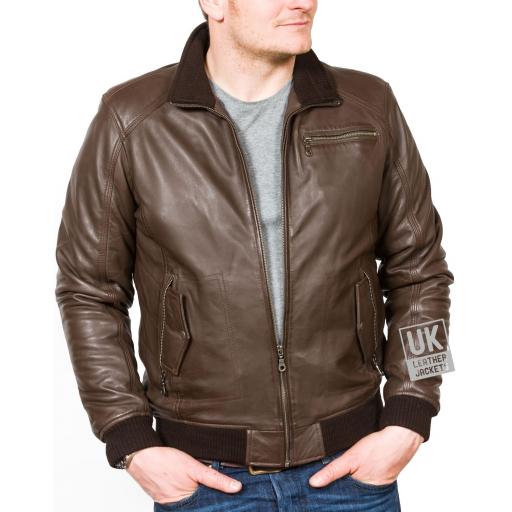 Men's Brown Leather Bomber Jacket - Axis - Main