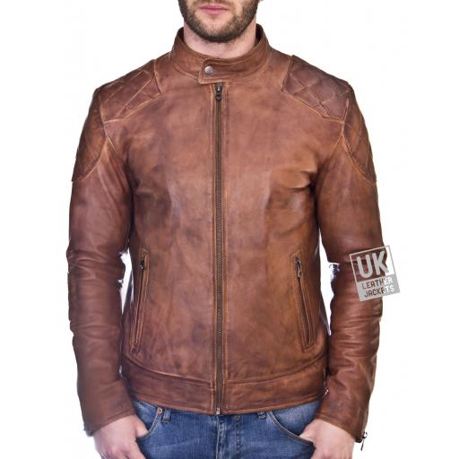 Mens Vintage Tan Leather Jacket - Corado - Front Zipped 2