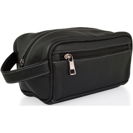 Black Leather Wash Bag by Pierre Cardin - Atlantic - Front View Side On