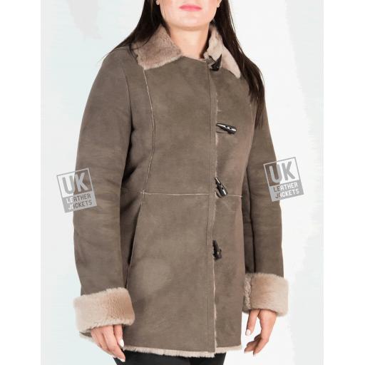 Womens Grey Shearling Sheepskin Jacket - 3/4 Length - Verity - Front Interior