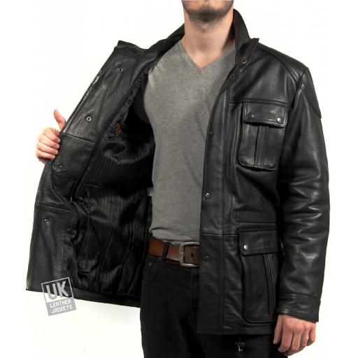 Men's Vintage Racing Leather Jacket in Black Hide - Flint - Lining