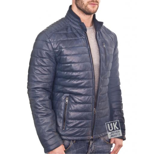 Mens Blue Leather Jacket - Ultra Light Quilted - Front