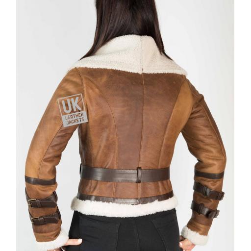 Womens Belted Shearling Sheepskin Jacket – Alana - Vintage Tan - Back
