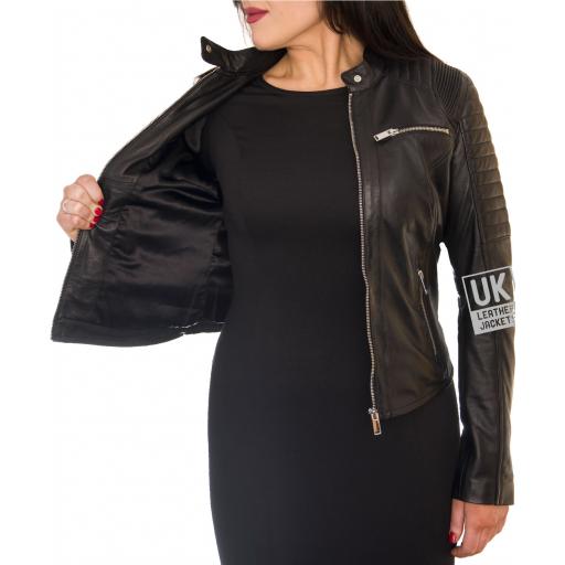 Women's Black Leather Biker Jacket - Stellar - Lining