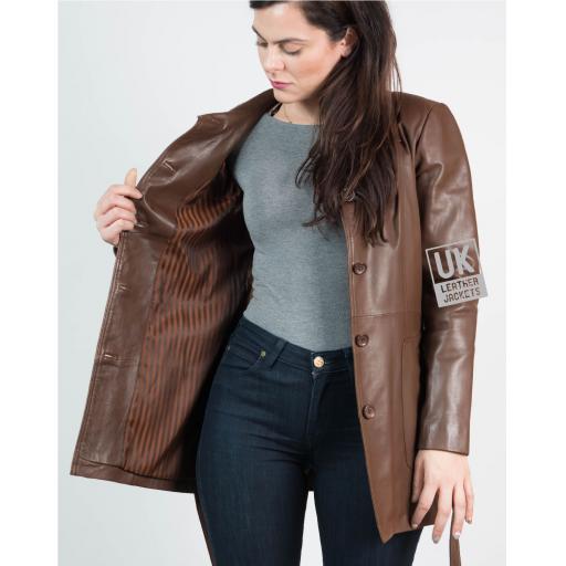 Womens 3/4 Length Brown Leather Coat Jacket - Lining